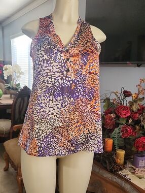 Hale Bob Sleeveless V-Neck Camisole in Purple, Orange & Cream Abstract Print